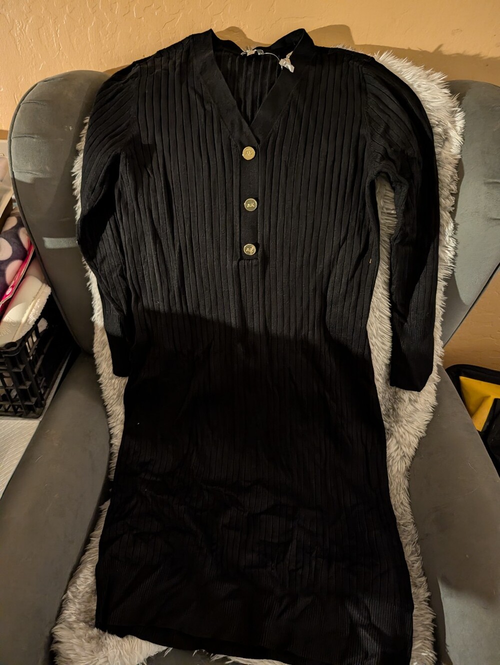Anne Klein Black Ribbed Knit Dress with Gold Accent Buttons